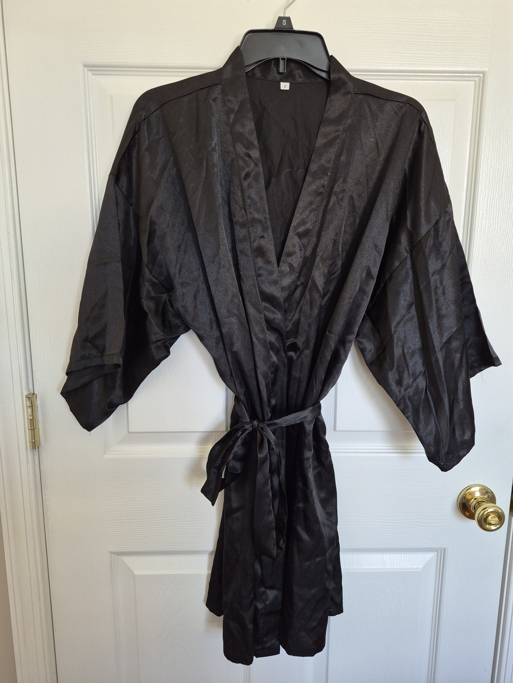 Amazon Women's Black Satin Kimono Robe with Tie Belt